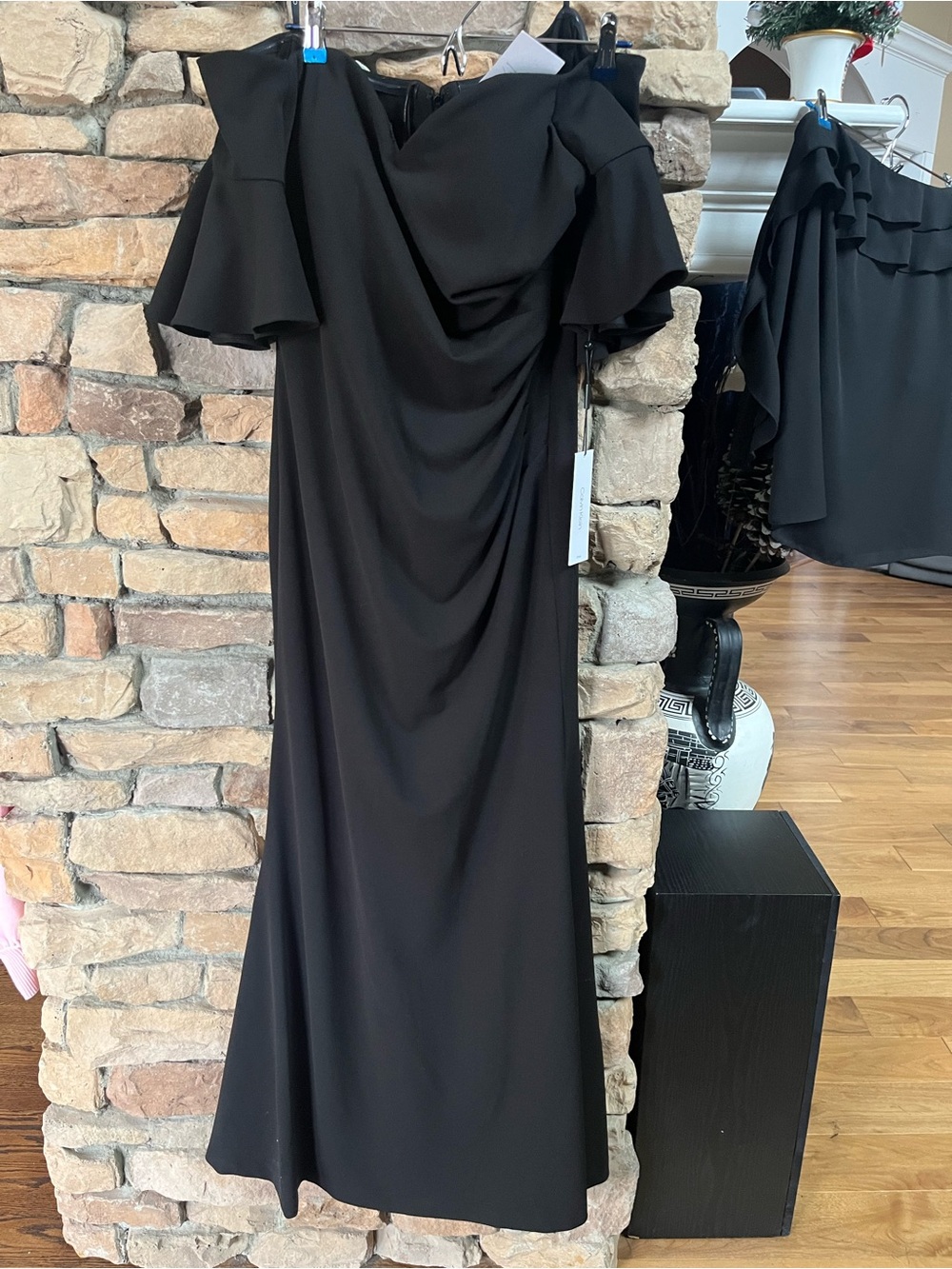 Calvin Klein Black Off-Shoulder Ruffle Maxi Dress
